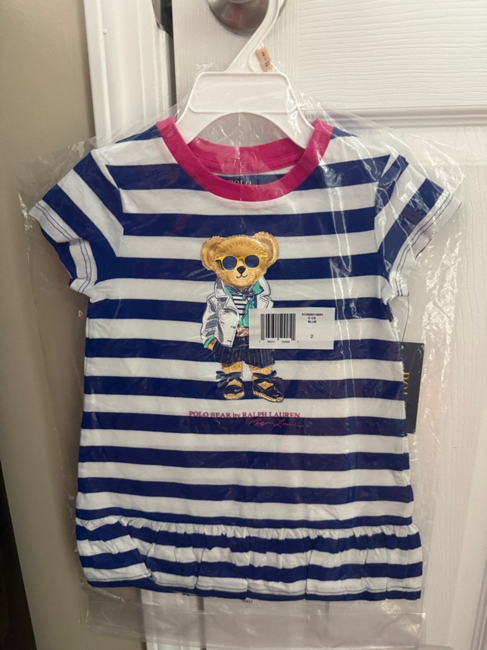 Polo by Ralph Lauren Navy and White Striped Bear Tee Dress with Pink Trim